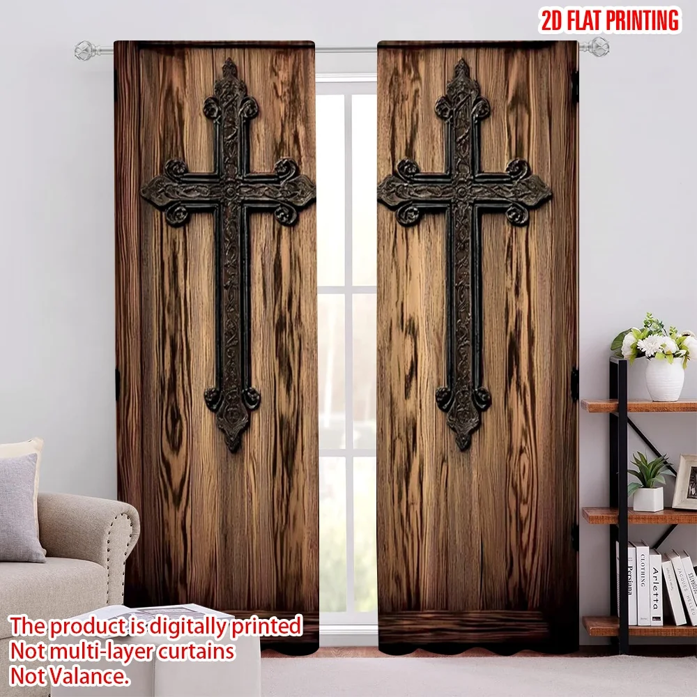 2pcs 2D flat printing Scene Curtains Retro barn door design Polyester Without Electricity 0 Use for Classroom Office