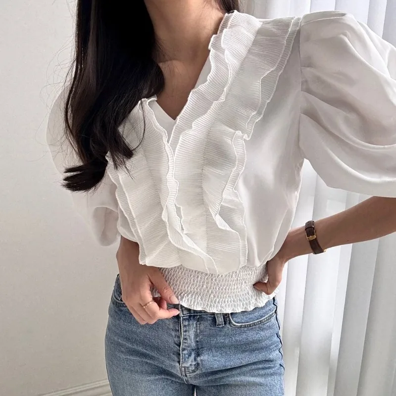 

Женский Sweeti весна-лето irt V-ne Bubble Sve с рюшами на подоле ort Sve French Sle Slim Fit однотонный топ
