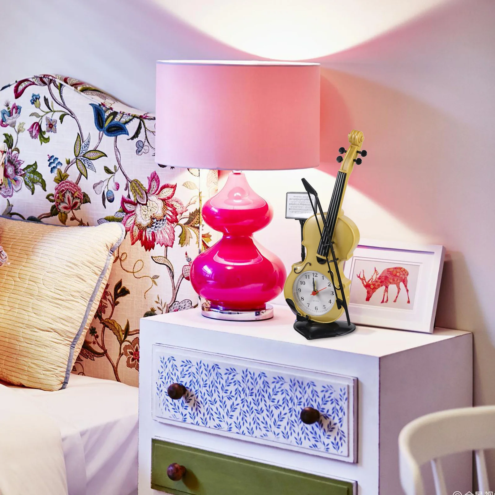 

Violin Shape Alarm Clock Random Color Plastic Decorative Bedside Mini Electronic Clock for Home Bedroom Desktop