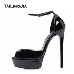 Plus Size Fashion Elegant Party Dance High Heels Platform Sandals Black Patent Leather Peep Toe Ankle Strap Summer Shoes Women