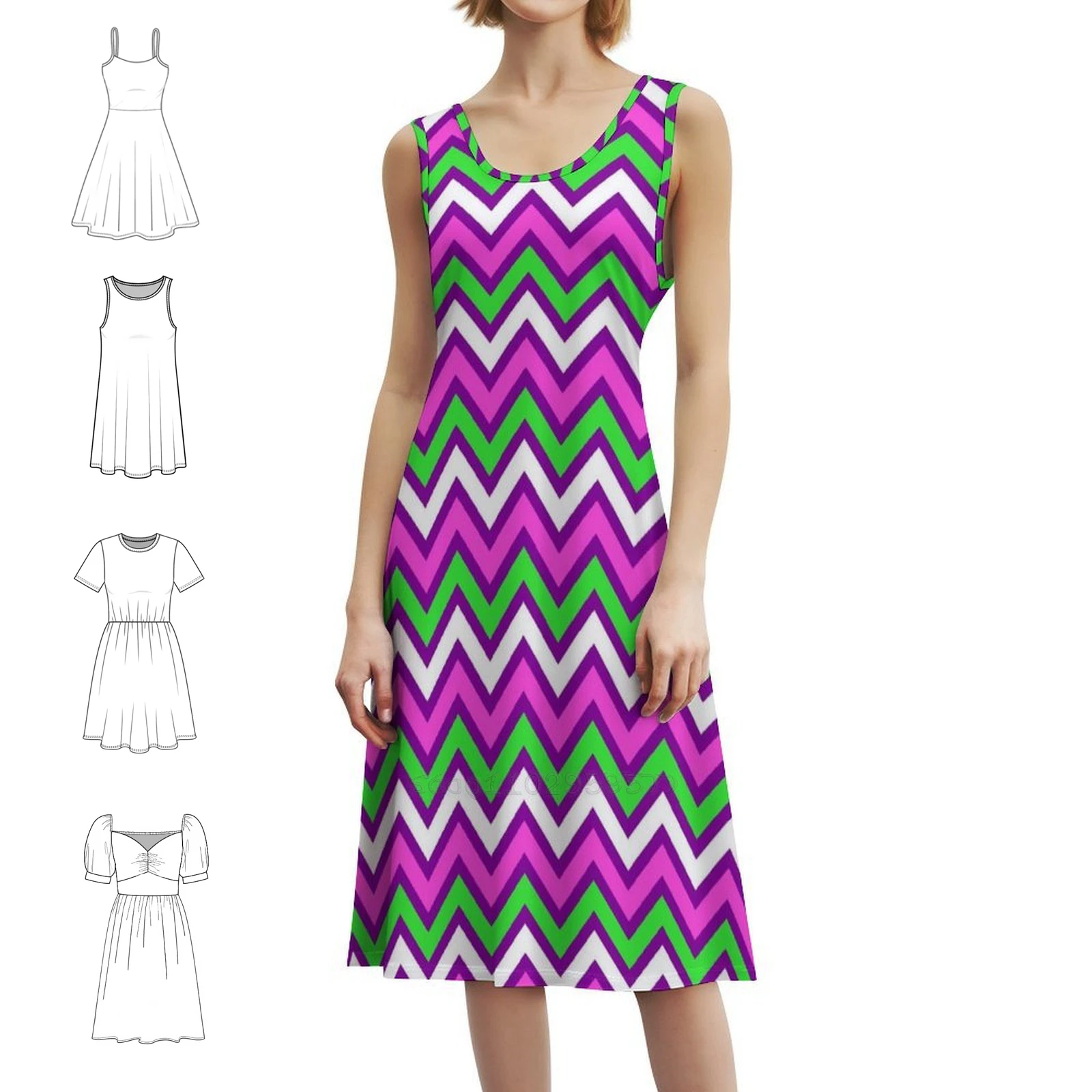 

Выкройка. Розовый, зеленый, белый цвет, богемное платье без рукавов, многопечатное пляжное платье для отдыха и вечеринки, узор зигзага, зигзагообразный узор