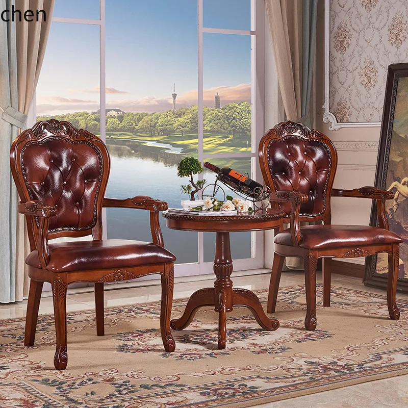 Dining Chair Genuine Leather  Vintage Armrest Desk Chair Negotiation Leisure Balcony Coffee Table Chair Three-Piece Set