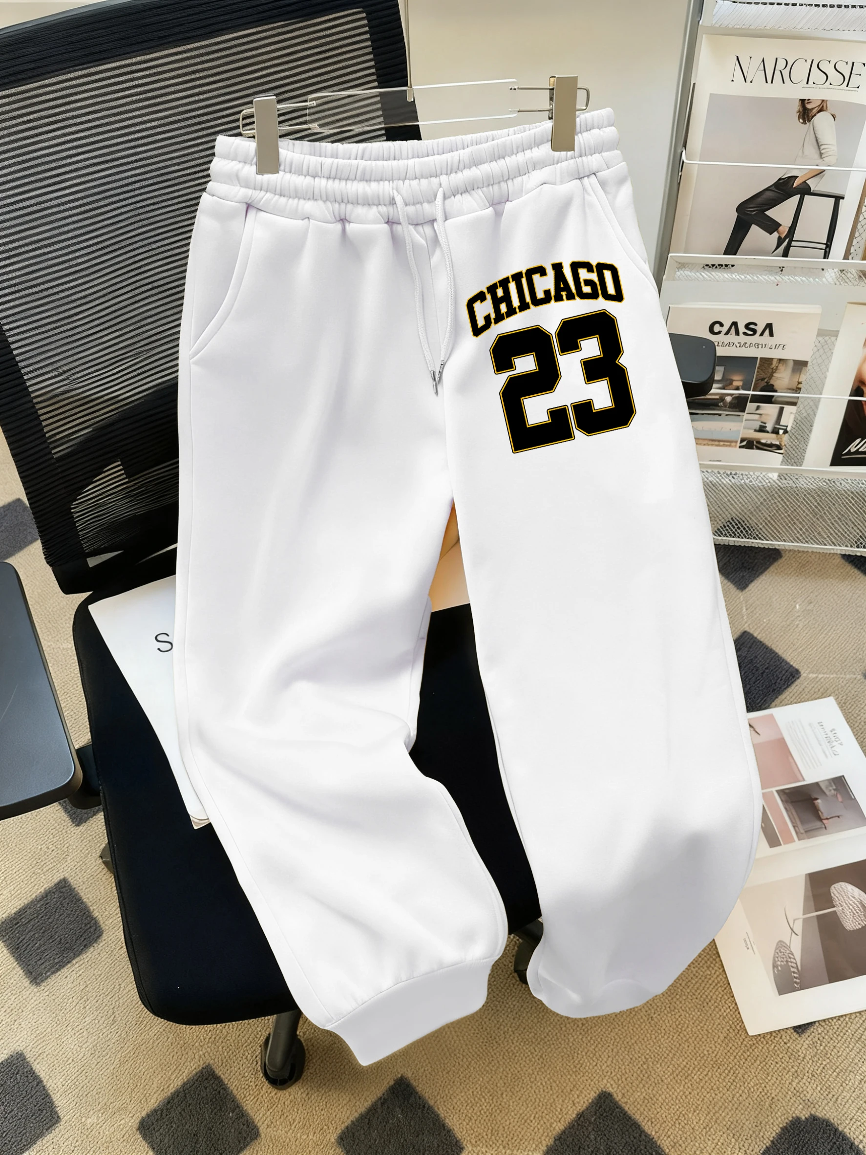 شيكاغو عدد 23 طباعة المرأة الشارع مرونة الخصر Sweatpants الشتاء الخريف جيب سراويل للجري عادية الصوف بنطلون للجنسين