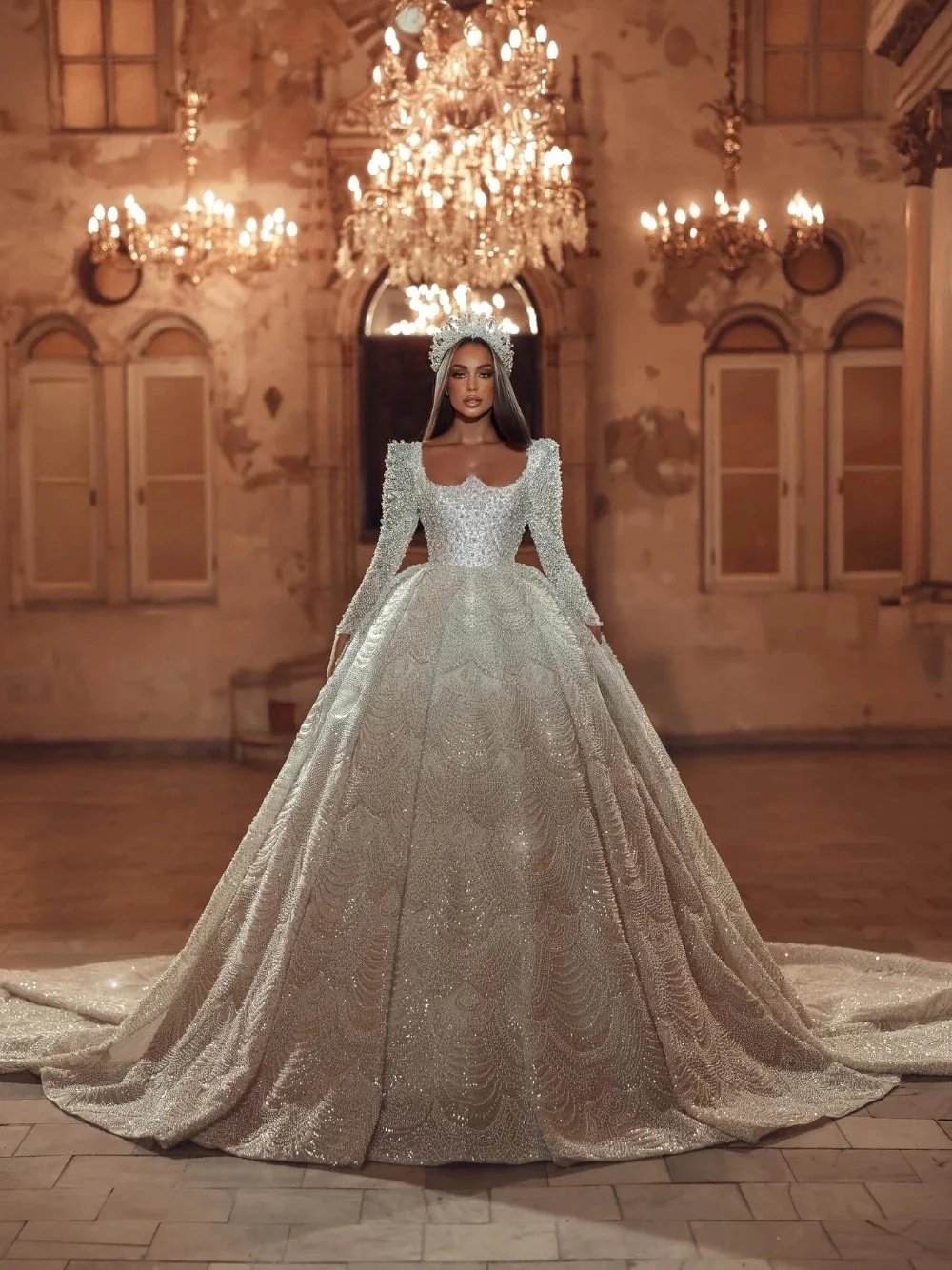 Luxuoso pérolas vestido de casamento vestido de baile romântico manga longa frisado vestido de noiva trem varredura personalizado vestidos de novia