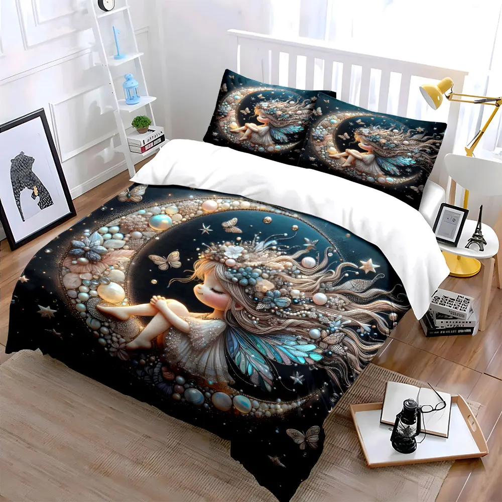 Dreamlike fairy sitting on moon Printed Duvet Cover Set1 Duvet Cover+2 PillowcaseMulti Size Bedroom Bedding Decor Luxury gifts