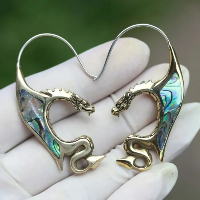 Luxury Synthetic Abalone Shell Flying Dragon Drop Earrings For Women Animal Pendant Dangle Hook Earrings Personality Jewelry