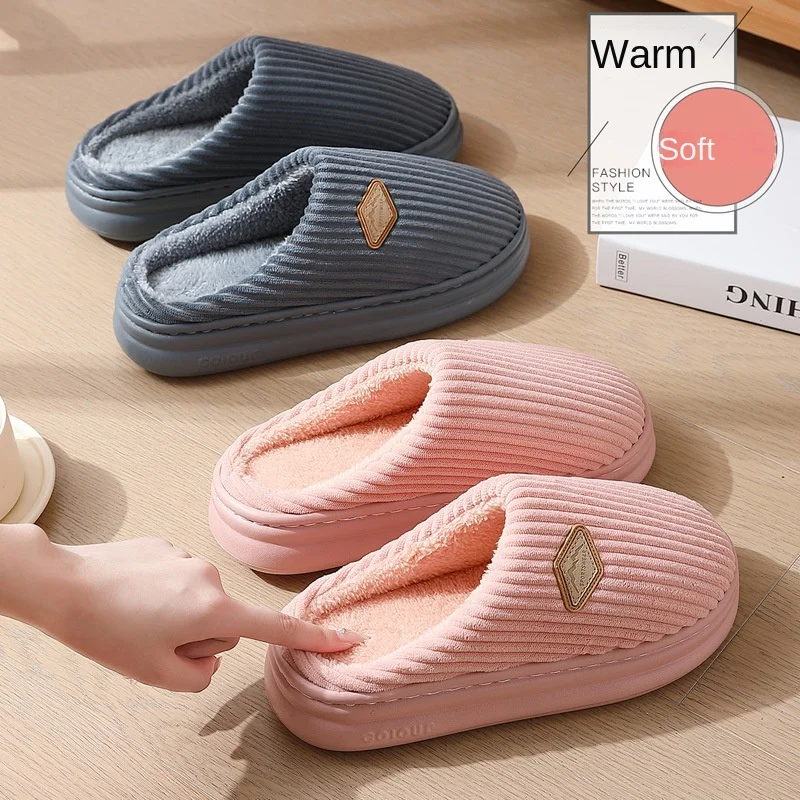 

Fashion stripe women flat Indoor cotton slippers women's winter couple home household plush warm non-slip men's cotton mop