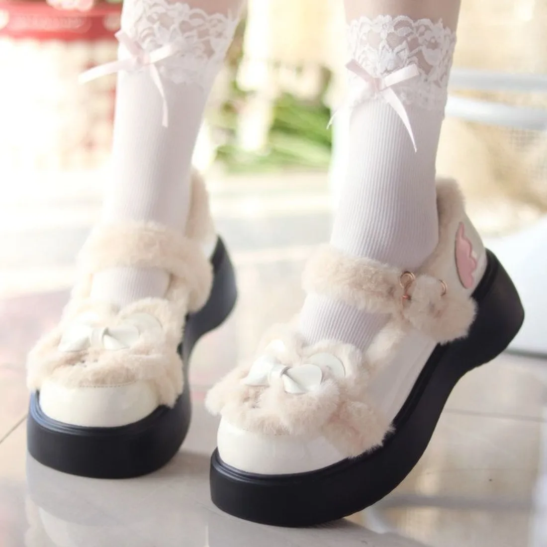 

Original Winter Plush Lolita Cartoon Bow Ears Small Leather Shoes Female Student Japanese Soft Girl Cute Girl Platform Shoes
