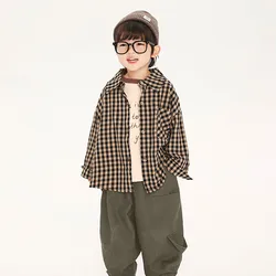 Korean style Boys fashion plaid long sleeve shirts 2024 Spring Fall children turn-down collar cotton shirt casual Tops