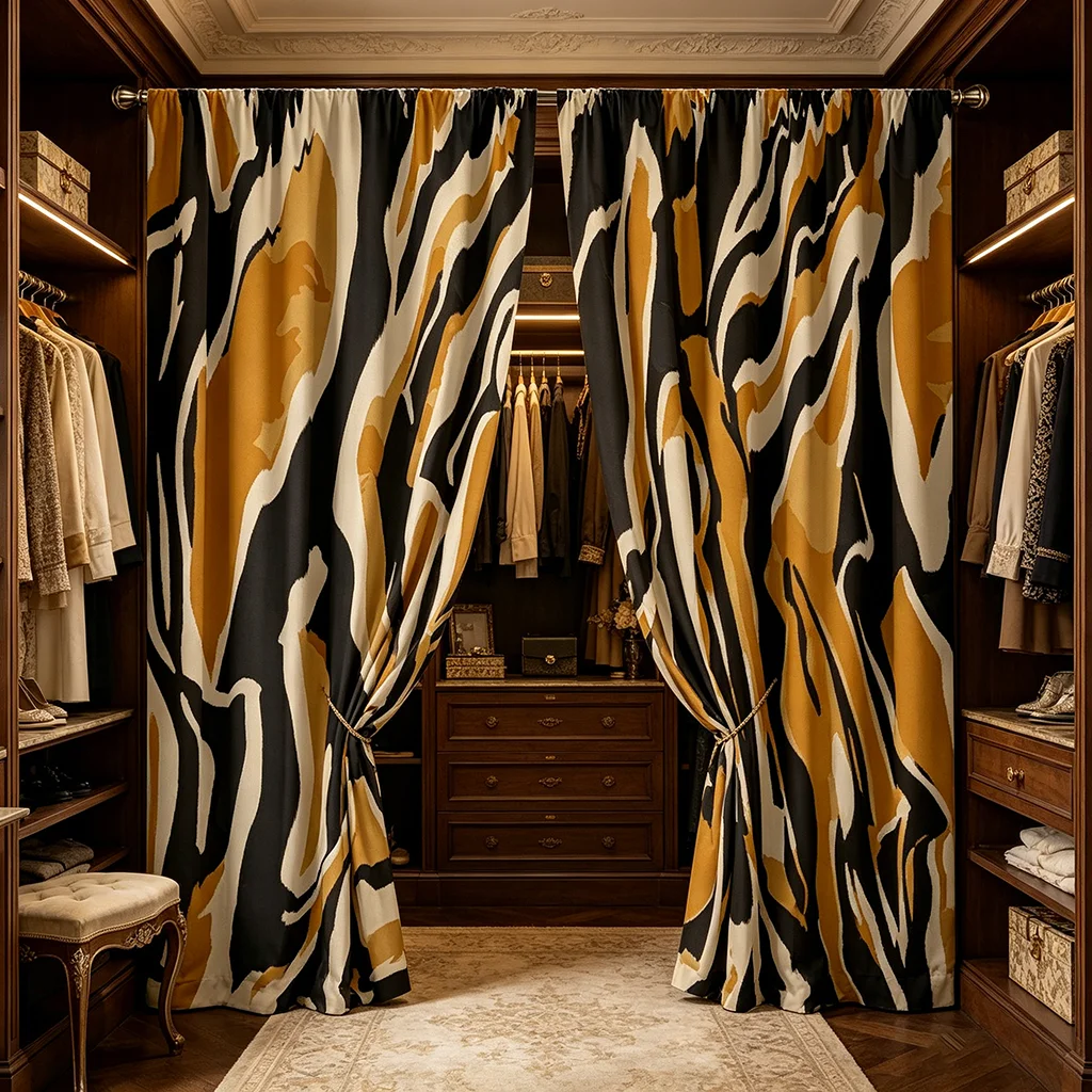 2 Cortinas, Negro y Dorado Mostaza, Diseño Abstracto con Patrón de Espirales, para Dormitorio, Sala de Estar, Estilo con Bolsillos para Barra