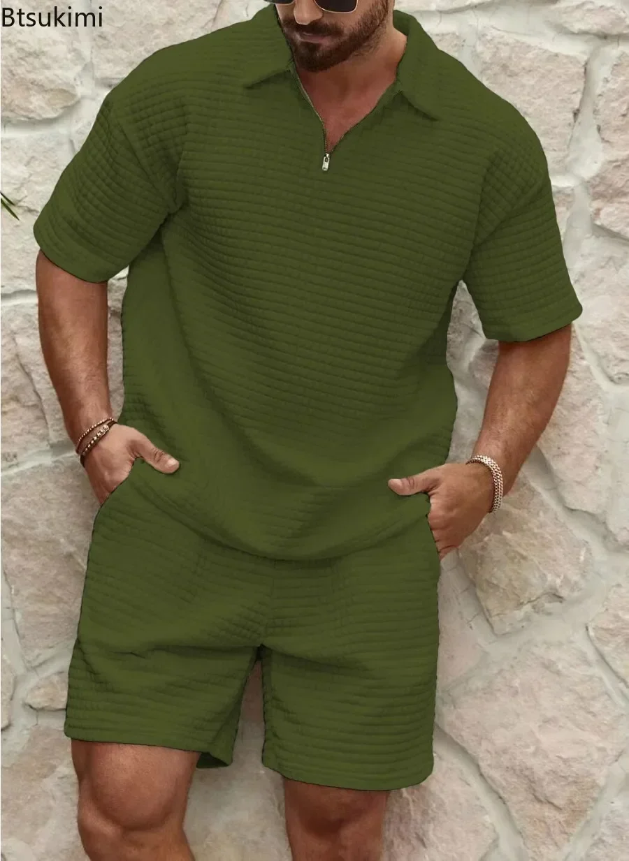 Ensemble de dehors Décontracté Gaufré pour Homme, à Carreaux, Couleur Unie, Demi-Fermeture Éclair, Polo à Manches Courtes, Short, Survêtement, Été