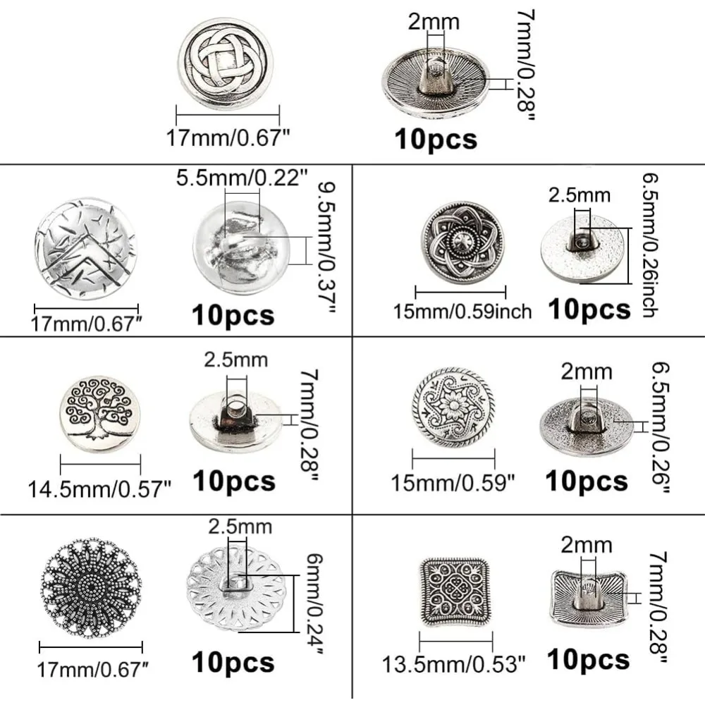 70Pcs Hole Alloy Buttons Antique Silver Flower Tree Metal Button Vintage Pattern Decorative Buttons for Sewing