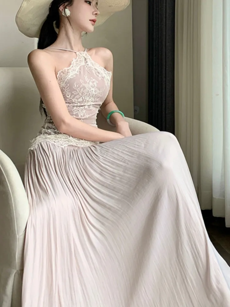 女性ヴィンテージレースホルターロングパーティードレスセクシーなスパゲッティストラップ背中の開いたイブニングウエディングエレガントなノースリーブスリム Vestidos Mujer 新しい