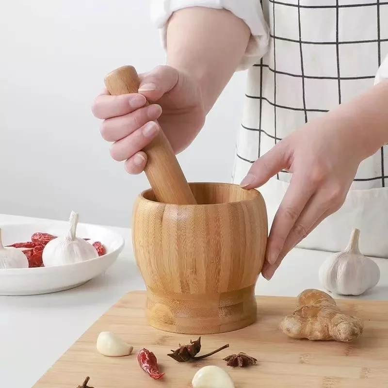 

Multi-size Bamboo Mortar and Pestle Set with Lid Seasoning Crusher Garlic Grinder Herb Spice Mills Press Crusher Masher Mills