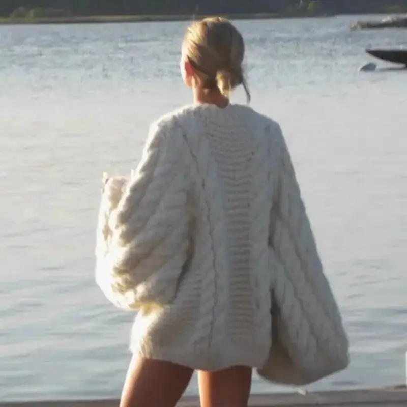 

Women Long Loose Sweater Round Neck Flared Sleeve Cable Knit Sweater Women's Ins Knitting Pullover Loose Fit Knitwear