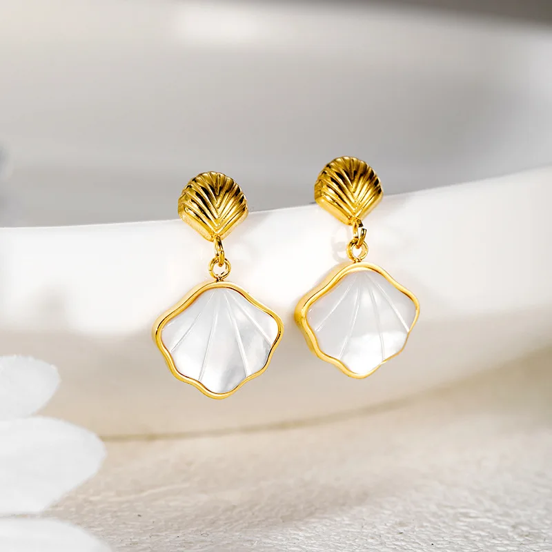 GANPUP 316l Edelstahl Naturstein Muscheln Baumeln Ohrringe Frauen 18k PVD Überzogene Mode Urlaub Schmuck Wasserdicht Geschenk – Detail 5