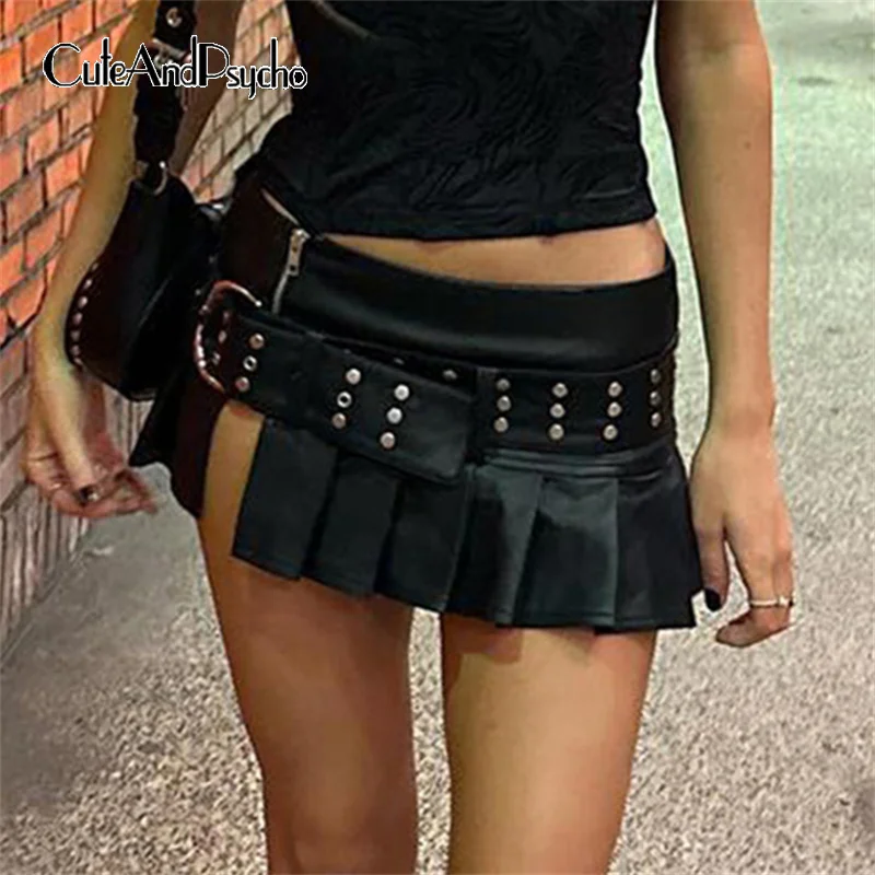 

Cuteandpsycho Clubwear Low Waisted Pleated Skirts Zip Up Sexy Y2K Slits Y2K Mini Skirts Chic Fashion Streetwear Summer Bottoms