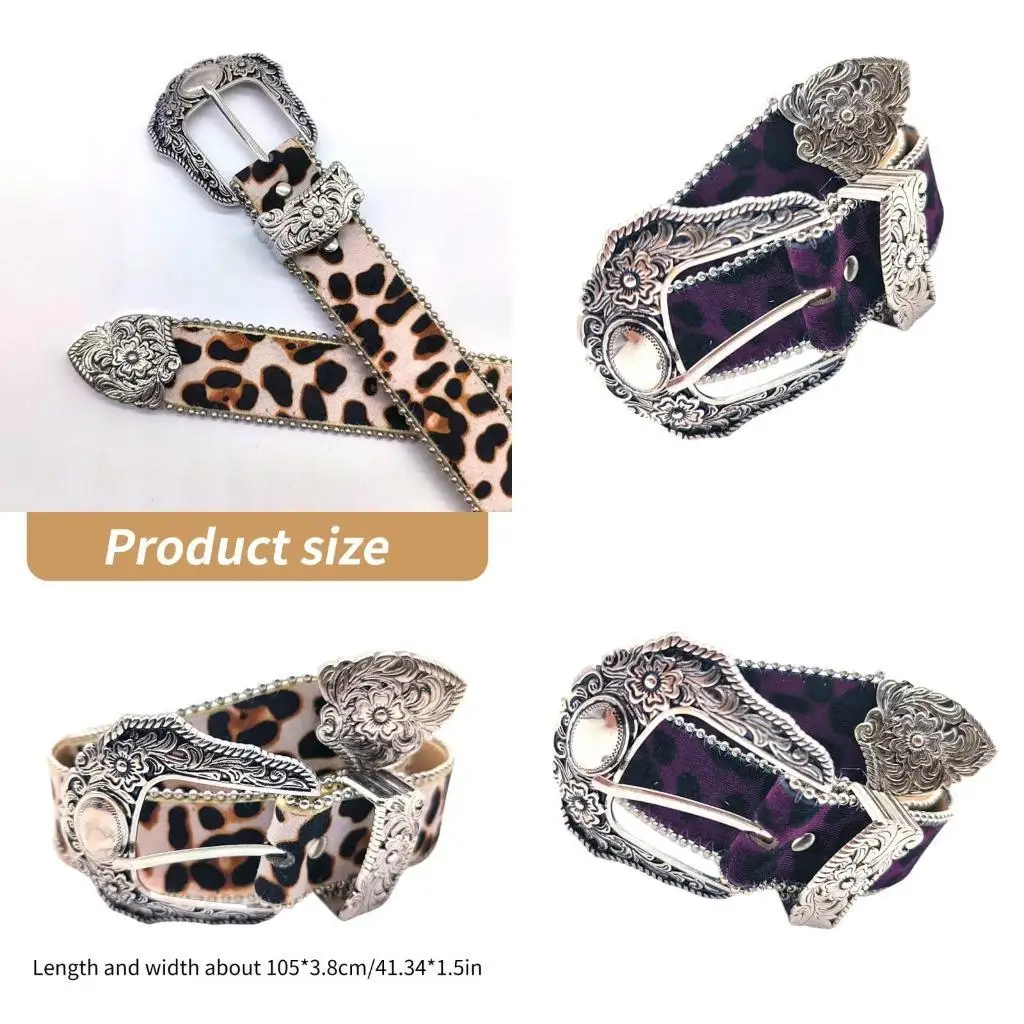 

39BD Fashion Leopard Belt for Female Engraved Buckle Waistband Ethnic Waistbelt Beaded Trim Belt Aesthetic Waist Belt