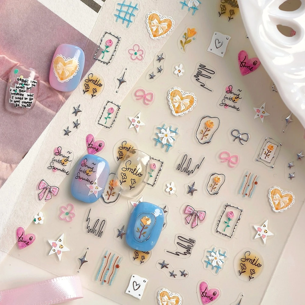 

Lace Love Bowknot Stars Daisy Flowers Colorful Silver Graffit 3D Self Adhesive Nail Art Stickers Cute Cartoon Manicure Decals