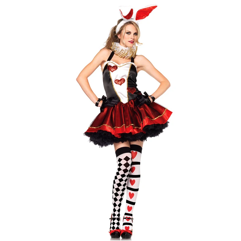 Costume de lapin sexy pour femme, robe de cosplay, coeurs de poker, boîte de nuit mignonne, grandes oreilles, spectacle de club, Halloween