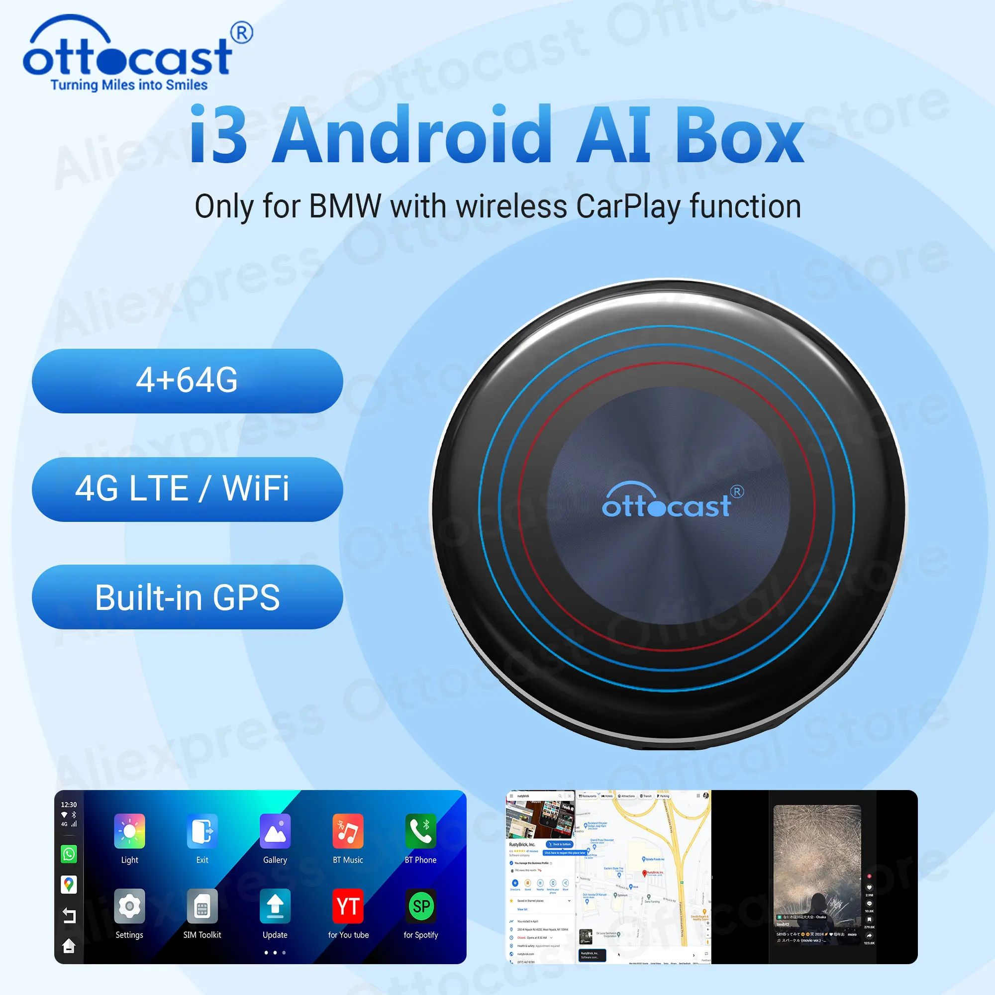 OTTOCAST OttoAiBox i3 AI Box Android 13 Wireless CarPlay for NetFlix for Youtuber for BMW ID6 ID7 ID8 ID9 Car Accessories