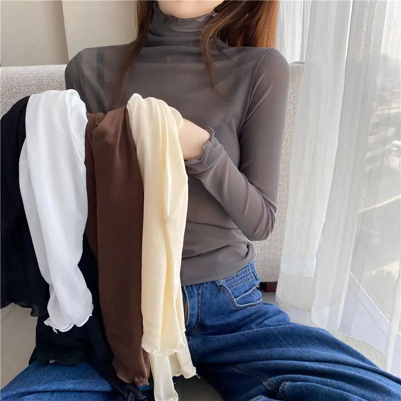 Sexy Women T Shirt See Through Transparent Mesh Tops Long Sleeve Sheer Slim Ladies Solid Turtleneck Silk T-Shirt Lace Crop Top