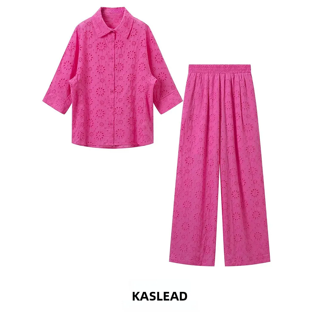 KASLEAD New Women's Fashionable Embroidered Shirt And Long Pants Two-Piece Set Versatile Design Summer Collection