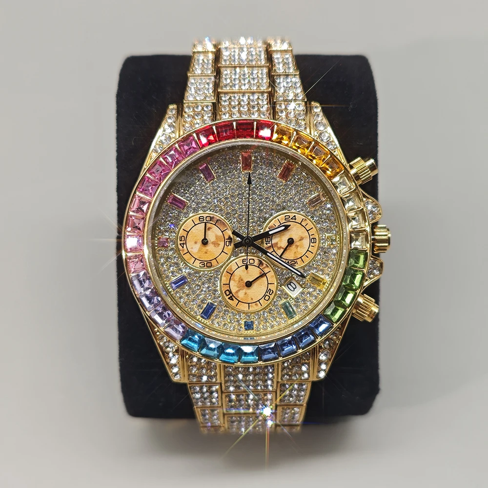 

Hot Sell Fashion Gold Watch For Men Brand UNIGUET Hip Hop Rainbow Diamond shiny Jewelry Quartz Wristwatch Male Dropshipping
