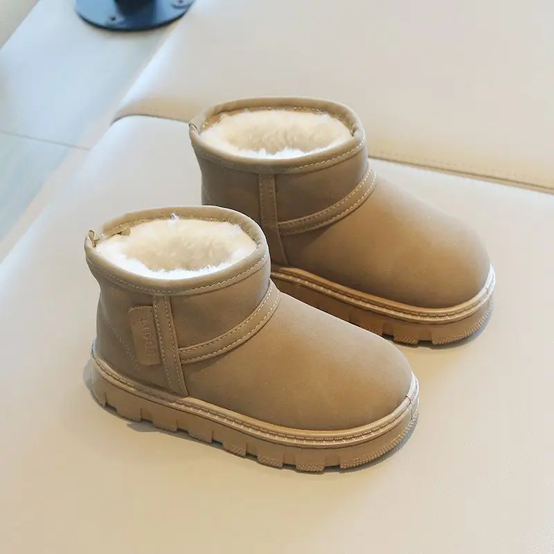 Inverno sólido crianças botas de neve couro do plutônio pelúcia quente grosso meninos meninas tornozelo sapatos deslizamento em fundo macio da criança crianças botas