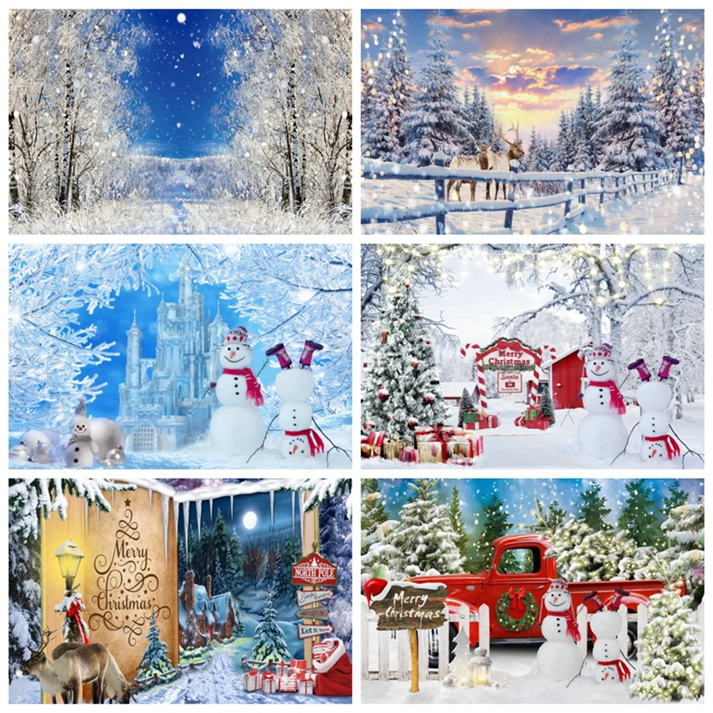 

Winter Wonderland Christmas Backdrop Forest Xmas Tree Snow Snowflakes Snowman Window Photography Background Photo Studio Banner