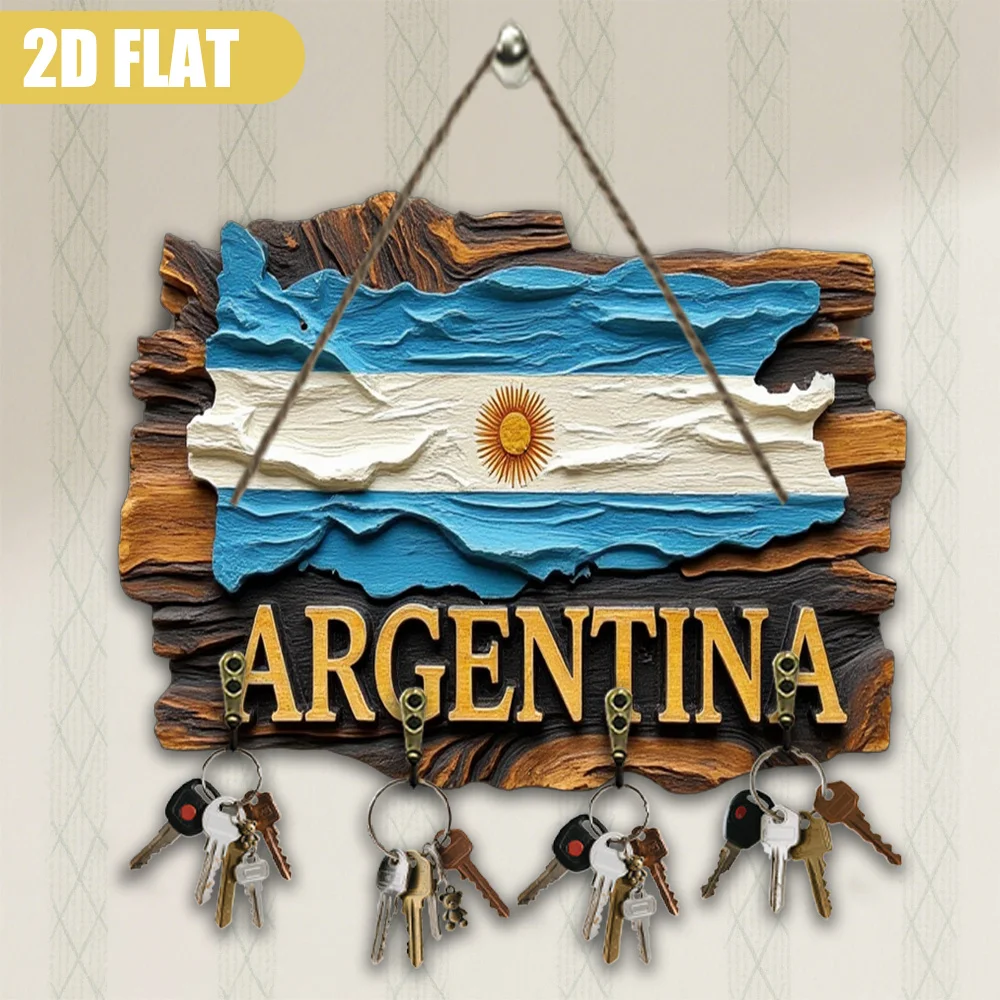 Decoración de pared con letrero de madera con bandera de Argentina, llavero grande de madera con mapa argentino y emblema nacional, colgador de llaves multifuncional
