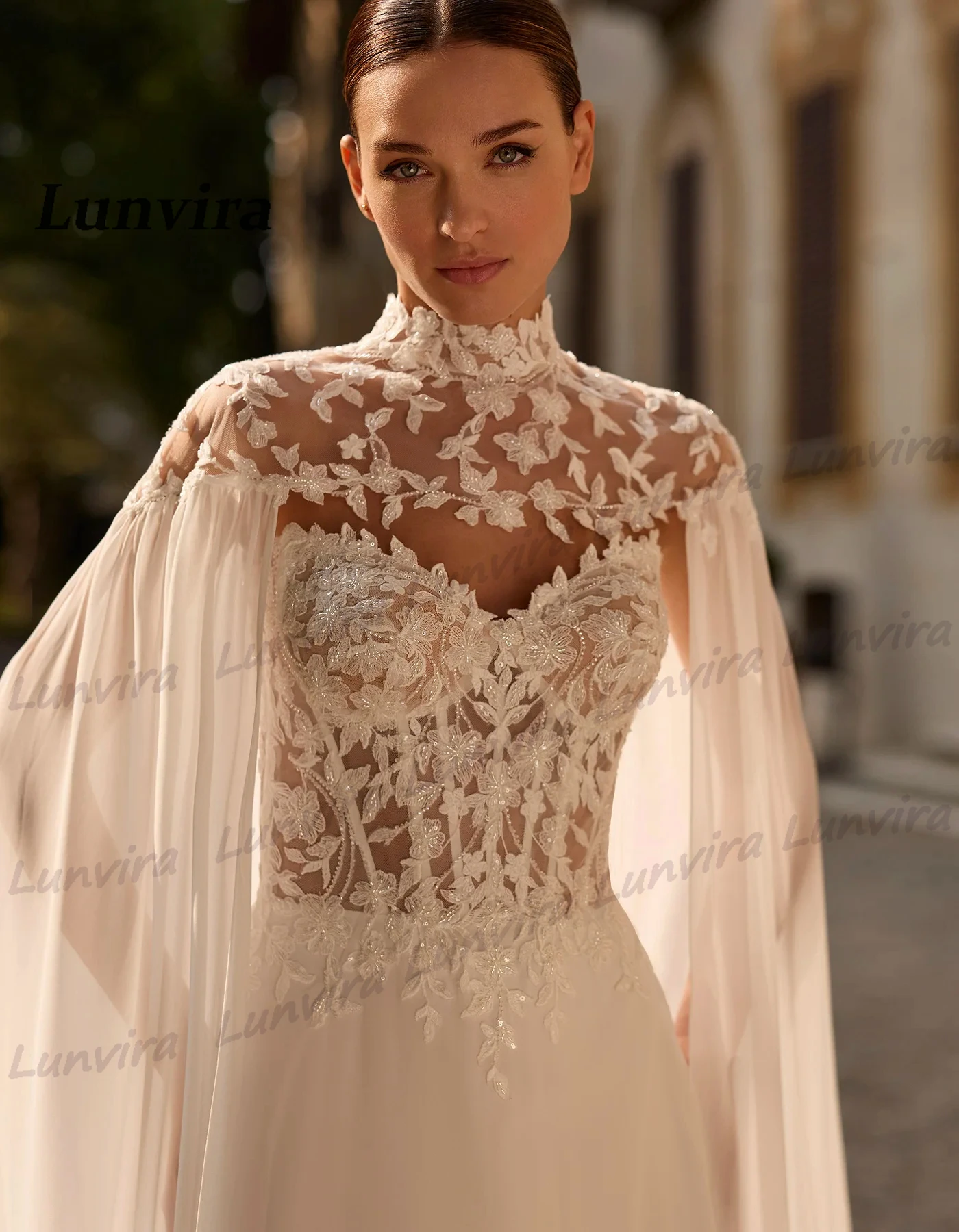 Lunvira Trendy Cape Wedding Gown Chiffon Sleeveless Sweetheart Lace Appliques Chapel Train A-line Vestidos De Novia Customized