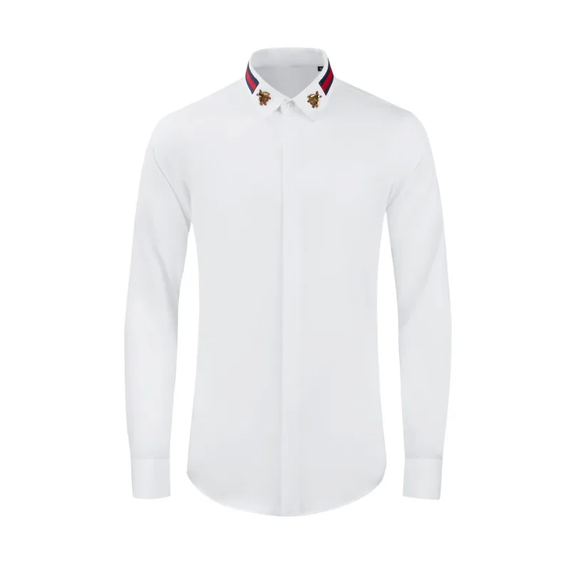 2024 Autumn/Winter Celebrity Same Collar Ribbon Handsewn Men's Shirt Solid Color Long Sleeve Versatile