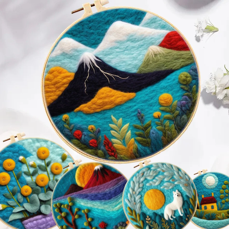 

Needle Felting Painting Kit for Beginners Nature Mountain Scenery Wool Painting DIY Craft Set with Embroidery Hoop for Home Wall