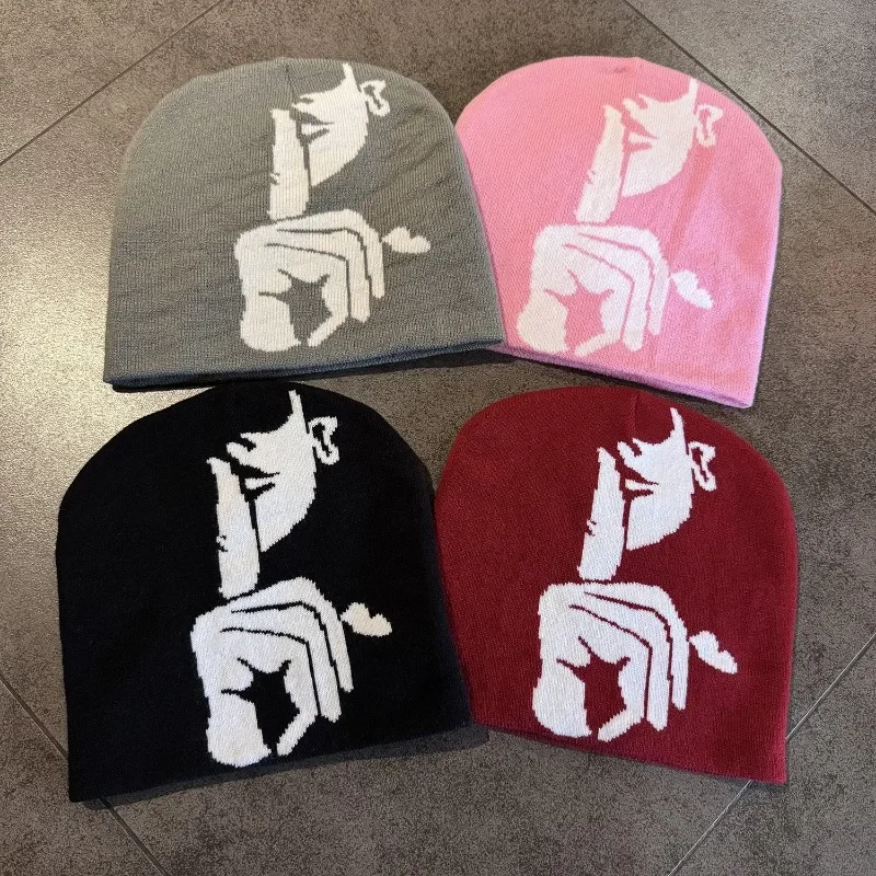 1 Stück Y2k Beanies Porträt Grafik Häkelmützen für Damen und Herren, Outdoor-Sport, dehnbare Totenkopfmütze, warmer Manschettenkopfschmuck für den Winter