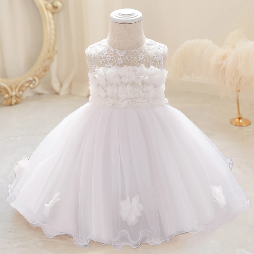 Toddler Baptism Girl Party Dress For Baby Tulle Flower 1st Birthday Princess Girls Dress White Wedding Infant Princess Prom Gown