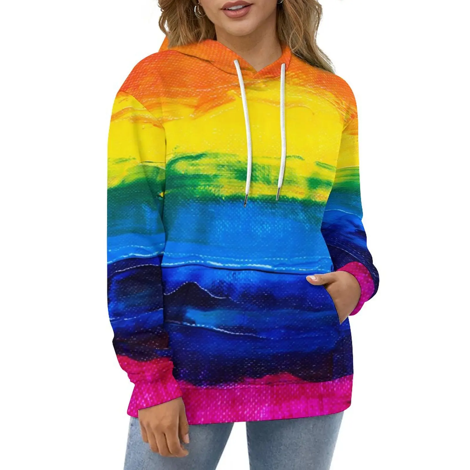 

Rainbow Brush Print Hoodies Long Sleeve Modern Art Pretty Casual Hoodie Winter Classic Oversize Graphic Loose Sweatshirts