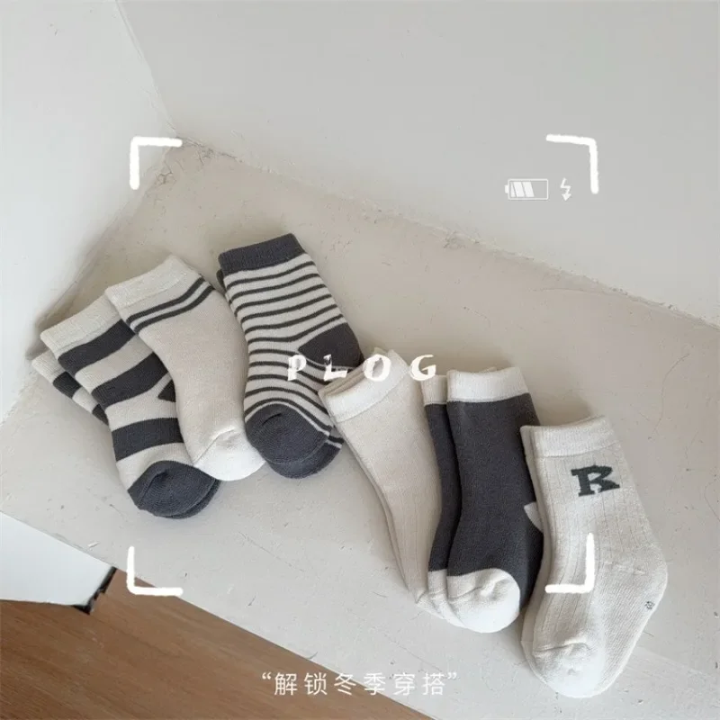 Winter New Children's Terry Socks Gray and White Letter Medium Tube Socks Baby Winter Thickened Socks Boys Girls