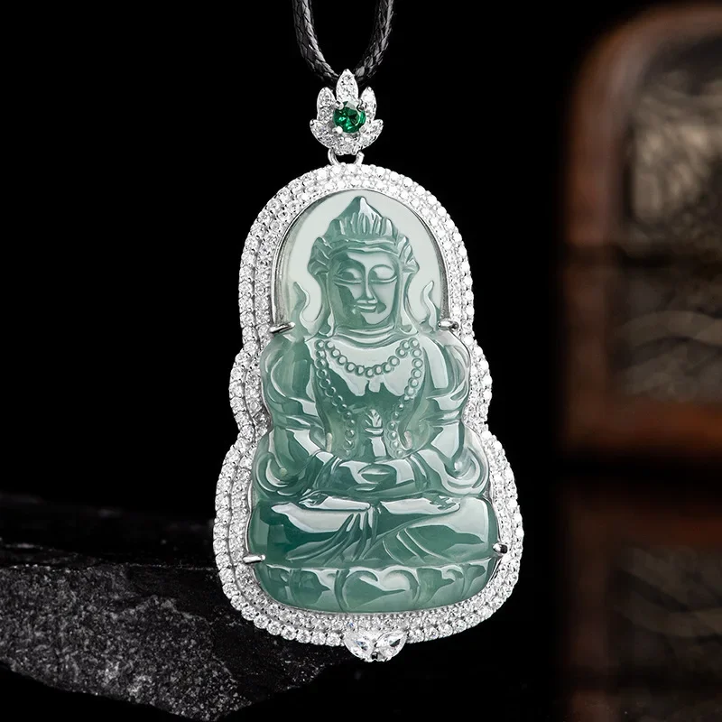 

Amulet A Myanmar Jade Avalokitesvara Pendant Men Natural Blue Ice Jade S925 Silver Inlaid Zircon Women Luxury Gem Necklace Gift