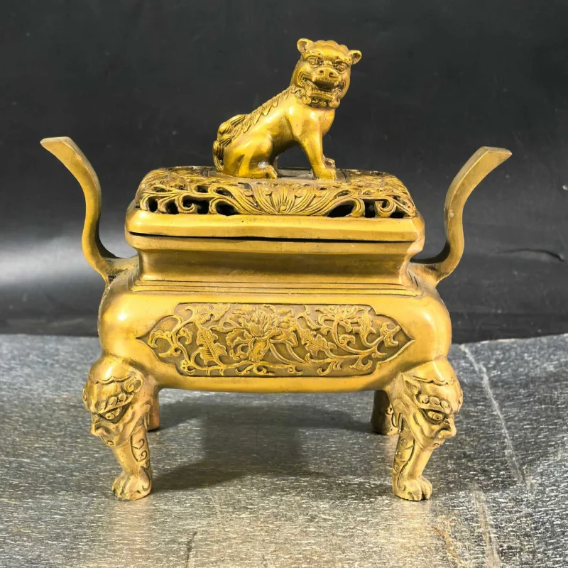 Pure brass square long-eared lion incense burner, home and office desk decoration craft ornament