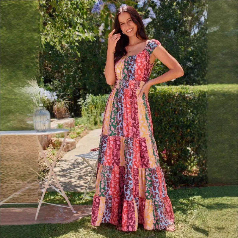 

Bohemian Fashion Color Blocked Printed Dress Summer Sexy Sleeveless High Waisted Dresses Ladies Casual Beach Vacation Vestidos