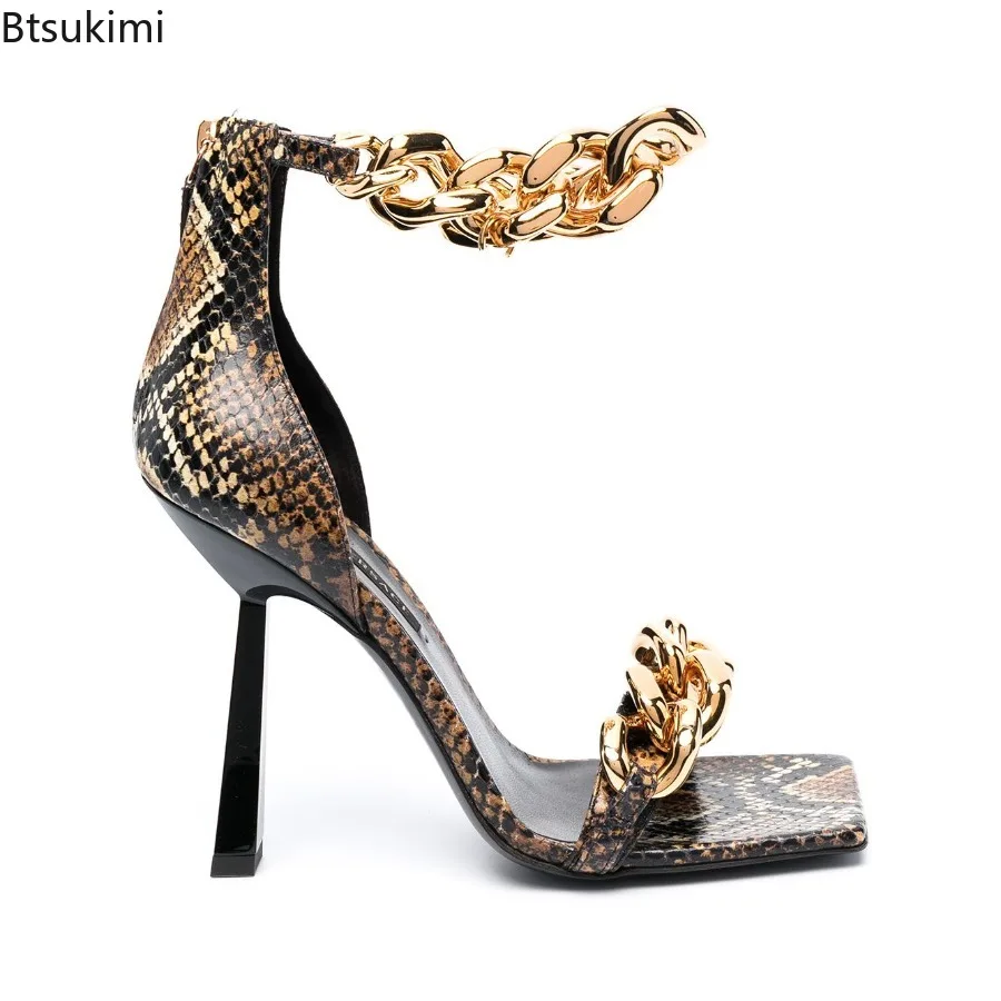 New 2025 Summer Women's Snake Sandals Pattern Chain Square Toe Rose Pink Sandals for Woman Open Toe Back Zipper Pumps High Heels