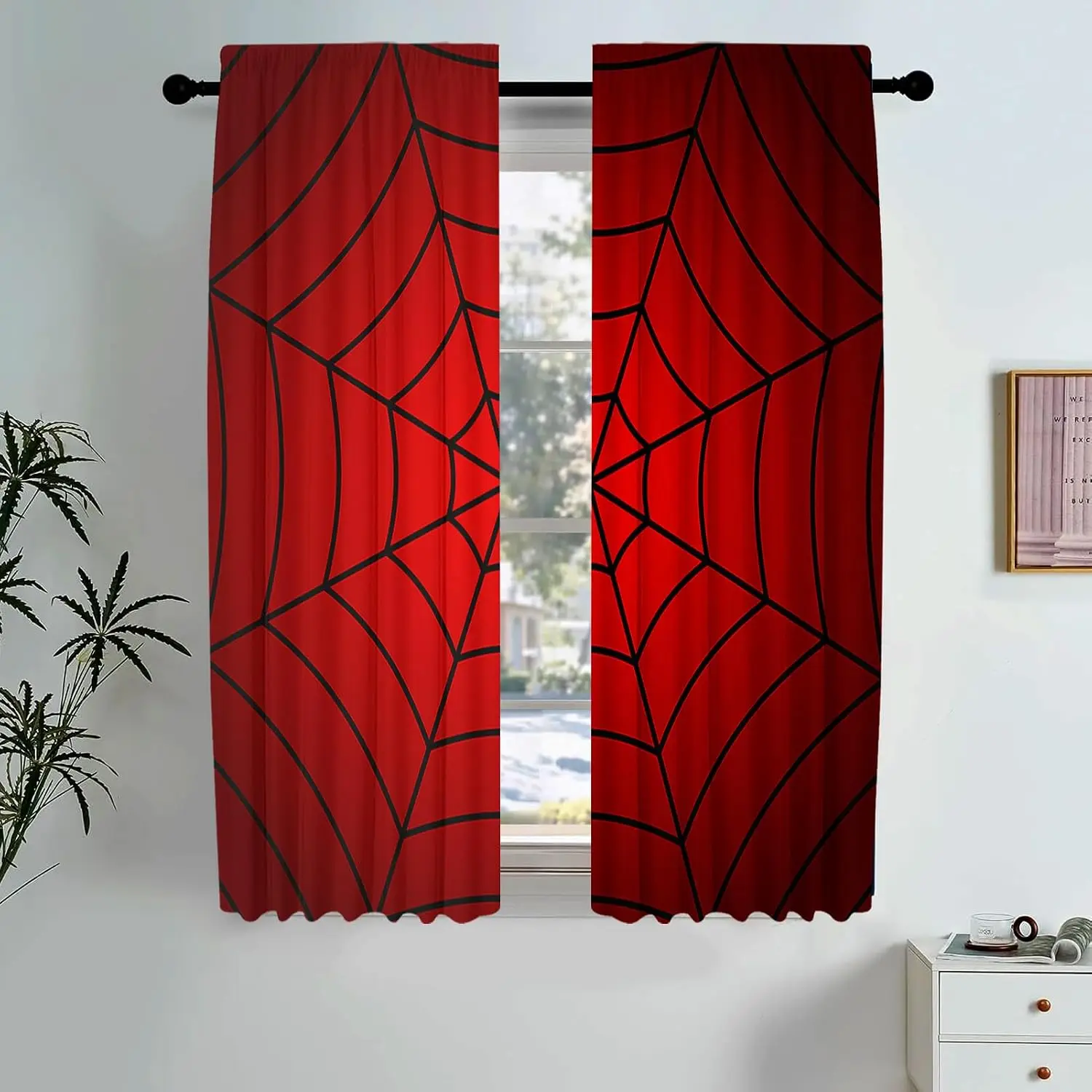 Simple Spider Web Line Red Background Blackout Rod Pocket Curtain Hero Theme Decor Kids Homestay Bedroom Rest Bay Window