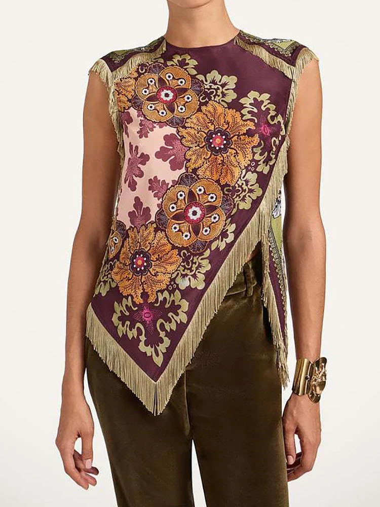 بلوزة ربيعية جديدة أنيقة برقبة دائرية، بلوزات نسائية بسيطة غير رسمية بدون أكمام، بلوزات نسائية مرقعة بشرابة مطبوعة عتيقة لعام 2026