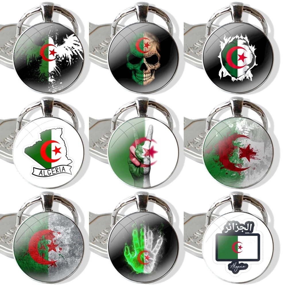 Keychain Handmade Glass Cabochon Key Ring Holder Pendant Key Chains Algeria Flag