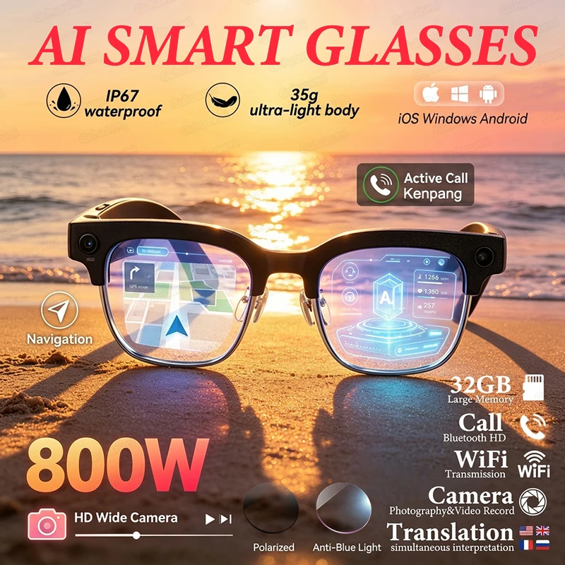 

New 8MP HD Camera 35g Lightweight Body Smart Glasses Language Translation Bluetooth Call 3D Music Player AI Chat Smart Glasses