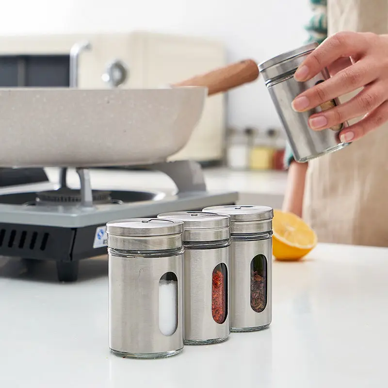 Seasoning Bottle Stainless Steel Rotating Spice Storage Box Condiment Jar BBQ Cooking Herbs Pepper Toothpick Holder Salt Shaker