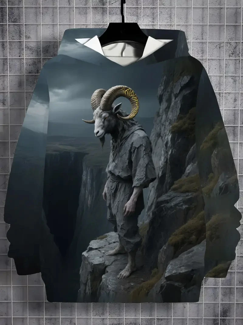 Abstract Animal Graphic Men's Hoodies 3D Print Funny Goat Face Print Oversize Hooded Pullover Fashion Creative Design Sweatshirt