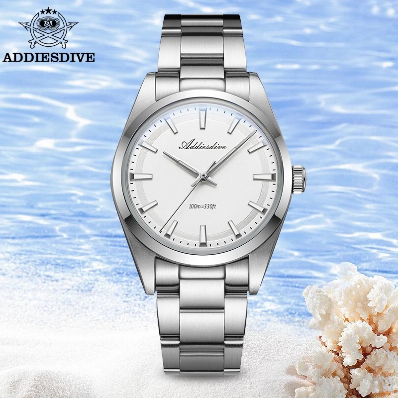 ADDIESDIVE New Quartz Watch For Men Luxury VH31 AR Coating 100m Diving 316L Stainless Steel BGW9 Luminous 36mm Watch AD2066