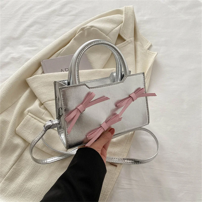 Clutch Purse Handbags Women's Summer Pink Bowknot Female Underarm Bags Sweet Girl's Small Square Shoulder Messenger Bag Silver